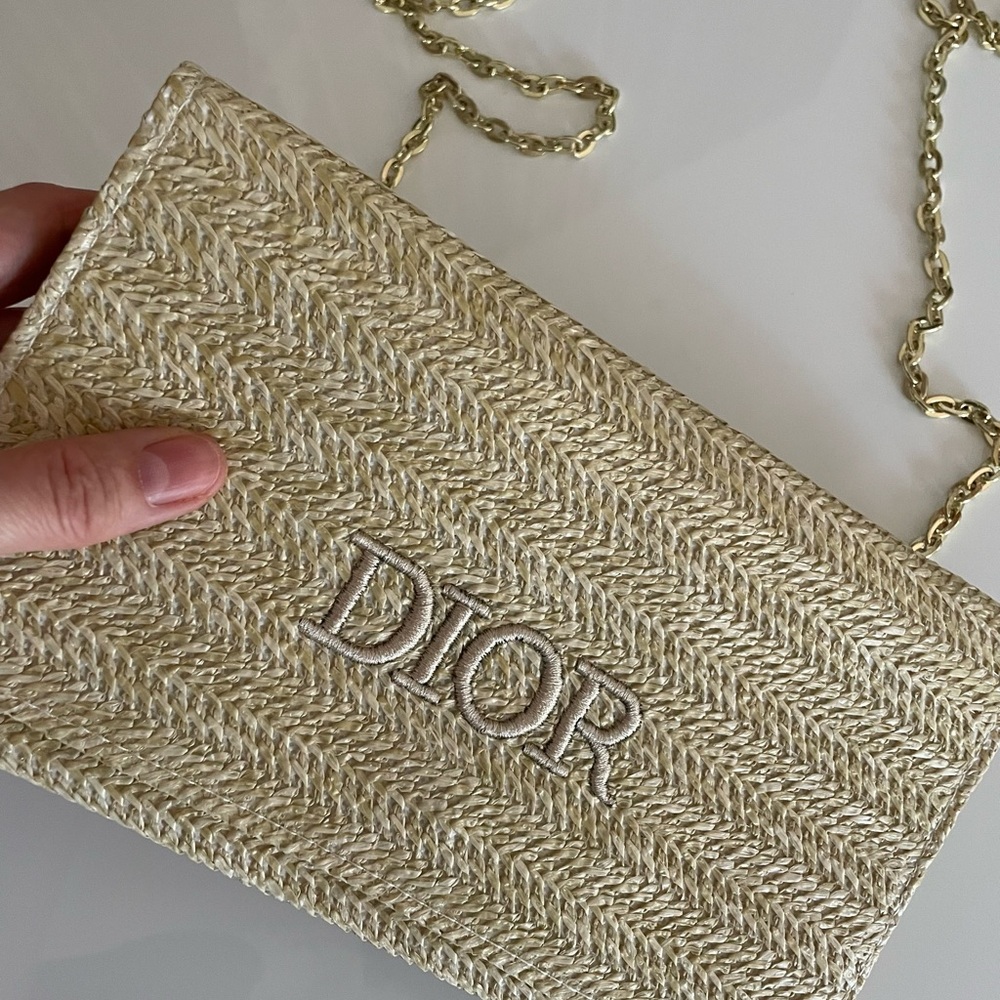 DIOR Tan Beige Woven Chain Bag raffia gold chain purse wristlet clutch LOGO - Picture 7 of 10